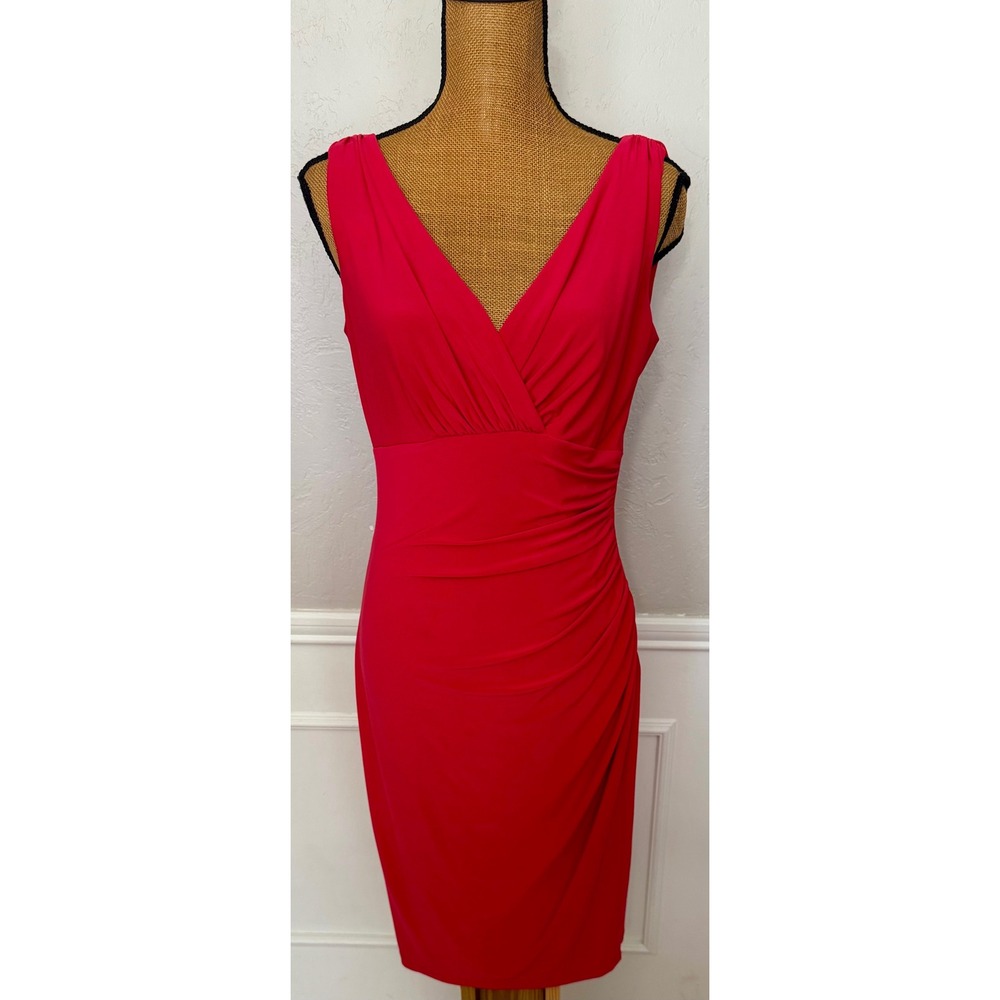 Lauren Ralph Lauren Red Sleeveless‎ V-Neck Ruched Sheath Cocktail Dress Size 8